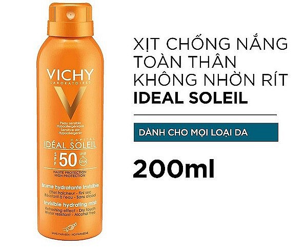 Xịt chống nắng toàn thân không nhờn rít Vichy Ideal Soleil Invisible Hydrating Mist SPF50 UVB UVA GIÁ: khoảng 725.000vnđ