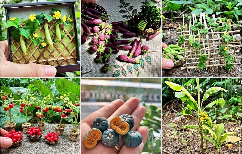 Sau trái cây, chị thu nhỏ các loại rau củ bằng đất sét với độ phức tạp cao nhưng vẫn đảm bảo giống thật đến khó tin.