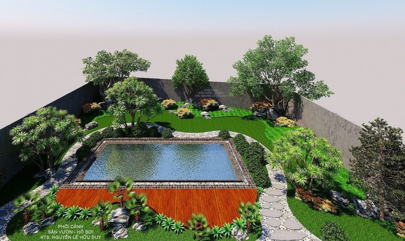 Phối cảnh sân vườn kết hợp nhà bơi của Hữu Duy và các cộng sự. 