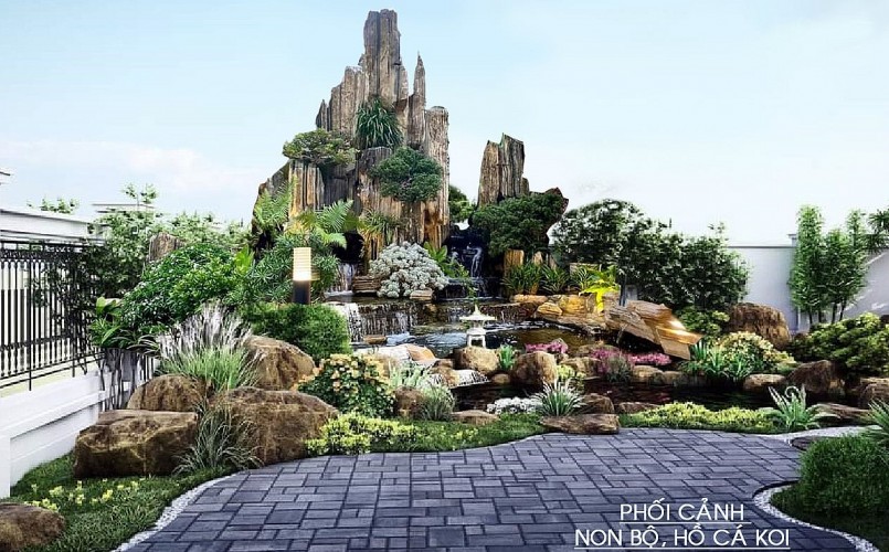 Phối cảnh non bộ kết hợp hồ cá Koi đang được nhiều người yêu thích.