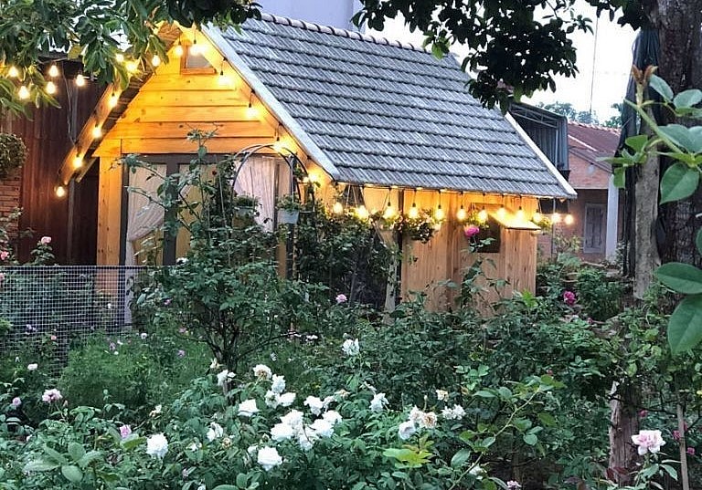 Vườn hoa hồng và ngôi nhà gỗ xây dựng xong hồi tháng 5 năm 2020.