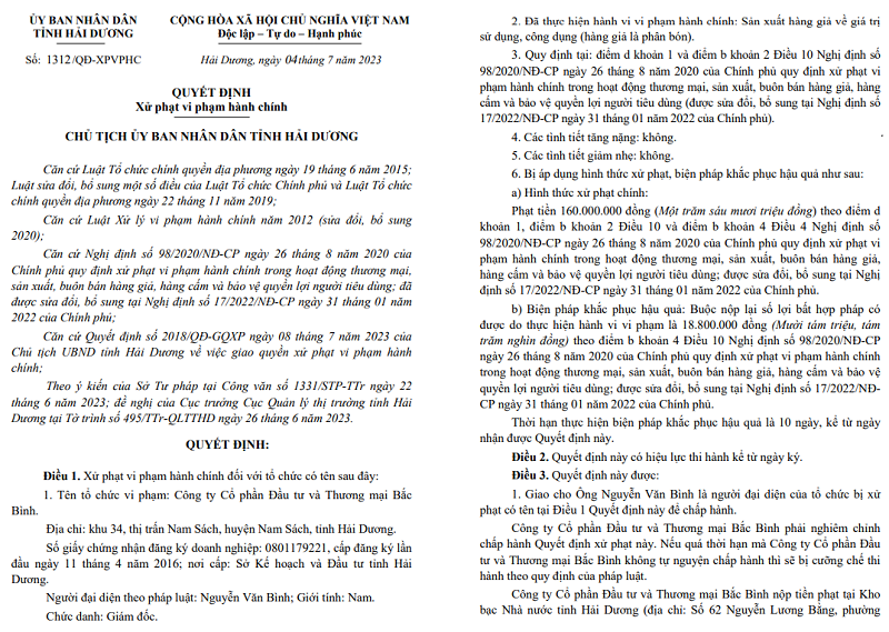 Quyết định xử phạt Công ty Cổ phần Đầu tư và Thương mại Bắc Bình của UBND tỉnh Hải Dương.