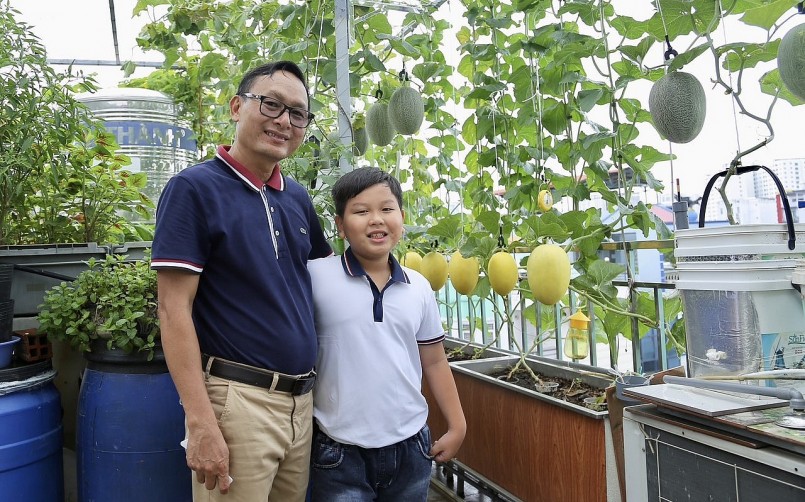 Niềm đam mê trồng dưa lưới của ông Hồng đã truyền sang cả cậu con trai.