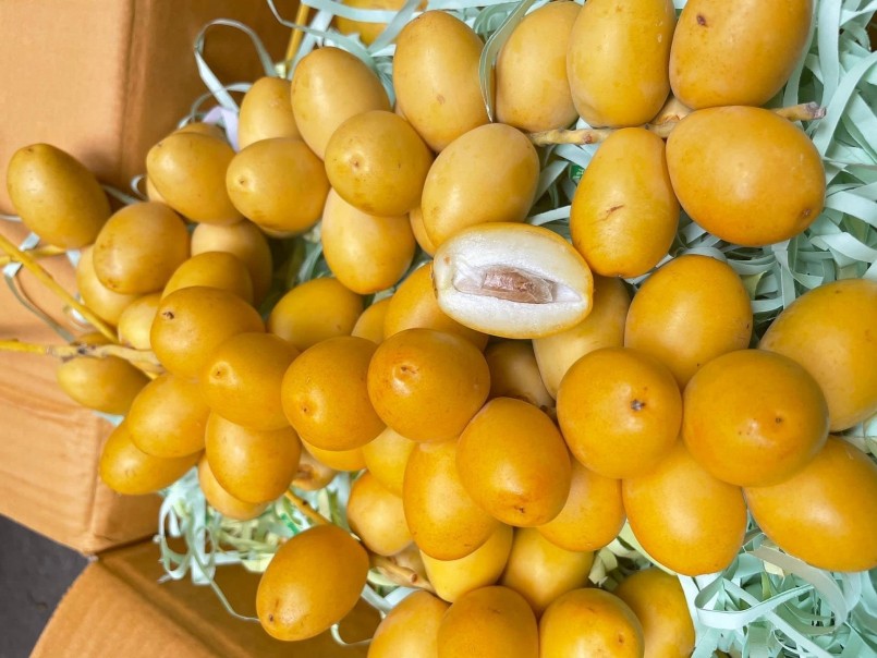 Quả chà là có vỏ vàng óng, phần thịt bên trong màu trắng ăn ngọt đậm xen lẫn vị chát từ vỏ 