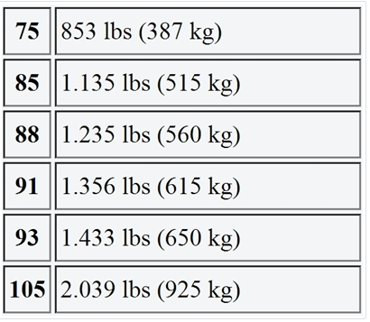 Bảng tải trọng tương ứng lốp xe