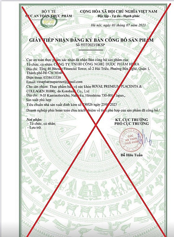 giấy tiếp nhận đăng ký bản công bố sản phẩm Royal Premium placenta & collagen 30.000 giả mạo.