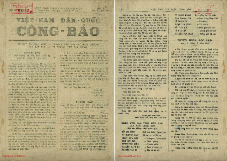 Tuyên cáo ngày 28/8/1945 của Chính phủ Lâm thời Việt Nam Dân chủ Cộng hoà. Nguồn: Trung tâm Lưu trữ quốc gia III, Việt Nam Dân quốc Công báo năm 1945, số 1, trang 01 - 02. Tuyên cáo ngày 28/8/1945 của Chính phủ Lâm thời Việt Nam Dân chủ Cộng hoà. Nguồn: Trung tâm Lưu trữ quốc gia III, Việt Nam Dân quốc Công báo năm 1945, số 1, trang 01 - 02.