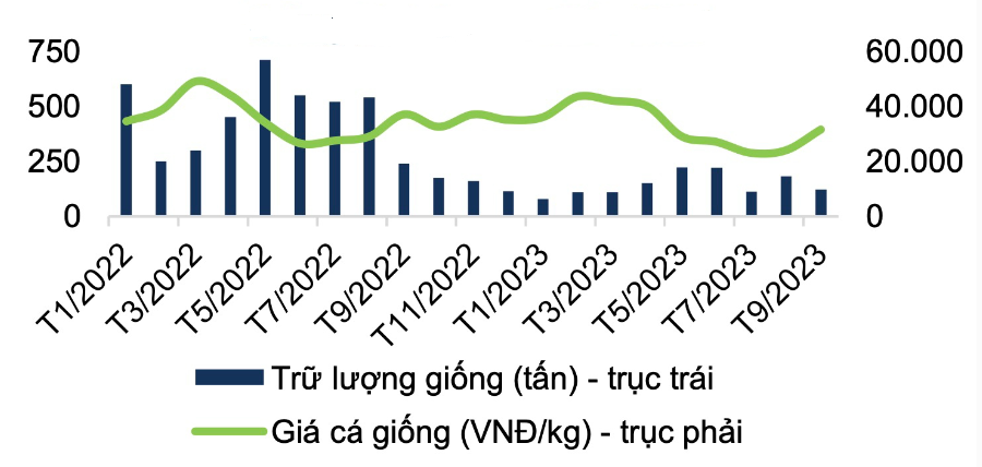 Trữ lượng và giá cá giống tại đồng bằng sông Cửu Long theo tháng giai đoạn 2022 - 2023.