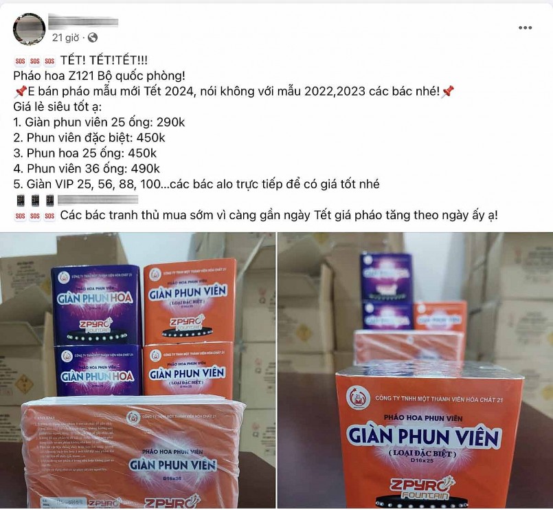 Pháo hoa Z121 đang được rao bán tràn lan trên chợ mạng. Ảnh chụp màn hình.