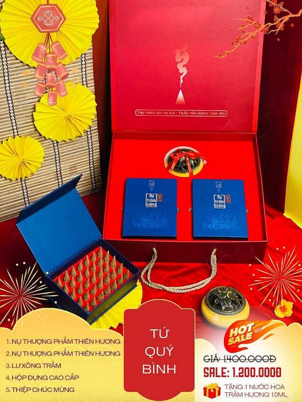 Tứ Quý Bình (2 hộp Nụ Thượng phẩm Thiên hương, 01 Lư xông Trầm) - Giá NY: 1400K - Giá ưu đãi: 1200K
