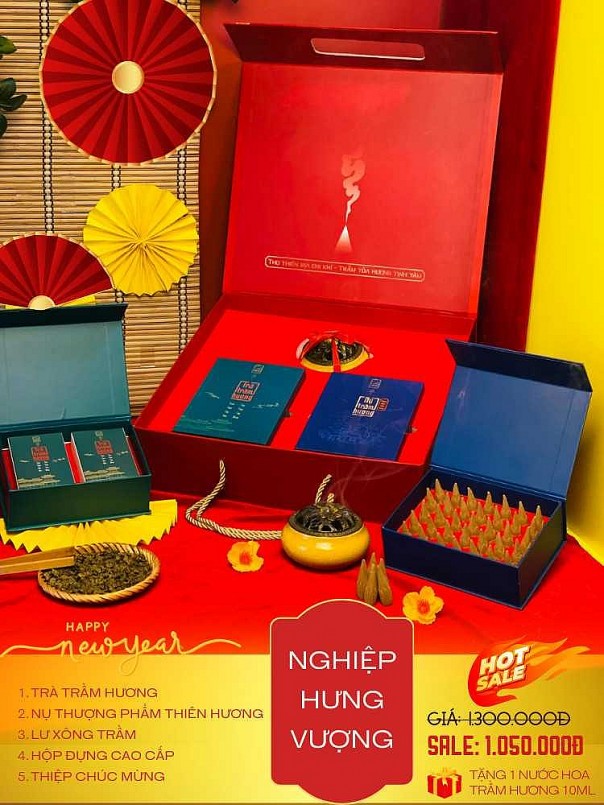 Nghiệp Hưng Vượng (01 hộp Trà Trầm hương, 01 hộp Nụ Thượng phẩm Thiên hương, 01 Lư xông Trầm) - Giá NY: 1300K - Giá ưu đãi: 1050K