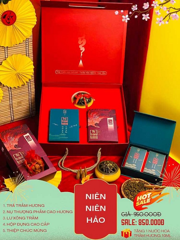 Niên Niên Hảo (01 hộp Trà Trầm hương, 01 hộp Nụ Thượng phẩm Cao hương, 01 Lư xông Trầm) - Giá NY: 950K - Giá ưu đãi: 850K