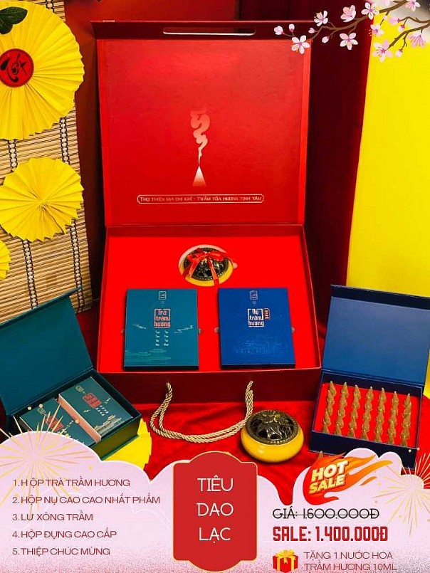 Tiêu Dao Lạc (01 hộp Trà Trầm hương, 01 hộp Nụ Cao cao Nhất phẩm, 01 Lư xông Trầm) - Giá NY: 1600K - Giá ưu đãi: 1400K