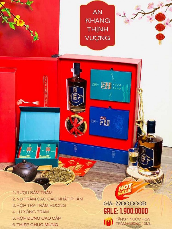 An Khang Thịnh Vượng (01 Rượu Sâm Trầm, 01 hộp Trà Trầm hương, 01 hộp Nụ Cao cao Nhất phẩm, 01 Lư xông Trầm) - Giá NY: 2200K - Giá ưu đãi: 1900K