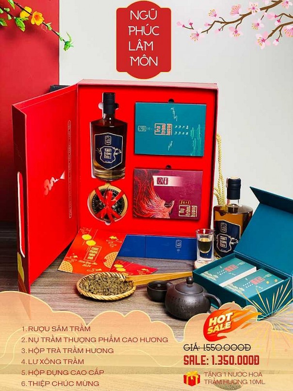 Ngũ Phúc Lâm Môn (01 Rượu Sâm Trầm, 01 hộp Trà Trầm hương, 01 hộp Nụ Thượng phẩm Cao hương, 01 Lư xông Trầm) - Giá NY: 1550K - Giá ưu đãi: 1350K
