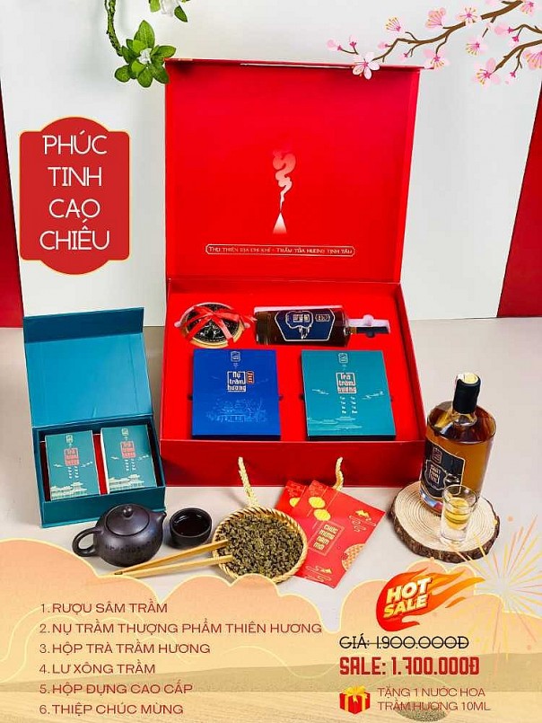 Phúc Tinh Cao Chiếu (01 Rượu Sâm Trầm, 01 hộp Trà Trầm hương, 01 hộp Nụ Thượng phẩm Thiên hương, 01 Lư xông Trầm) - Giá NY: 1900K - Giá ưu đãi: 1700K