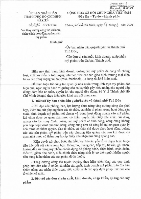 TP. Hồ Chí Minh: Tăng cường công tác kiểm tra, chấn chỉnh hoạt động quảng cáo mỹ phẩm trên các sàn thương mại và mạng xã hội