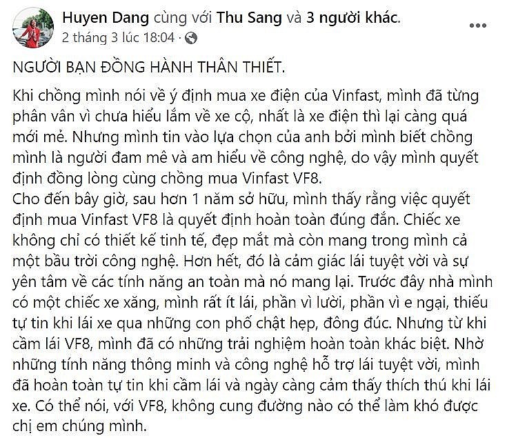 Chị Huyền Đặng gọi chiếc VF 8 của mình là người bạn đồng hành thân thiết. (Nguồn: Facebook Huyen Dang).