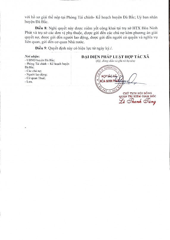 Thông báo về việc giải thể của hợp tác xã