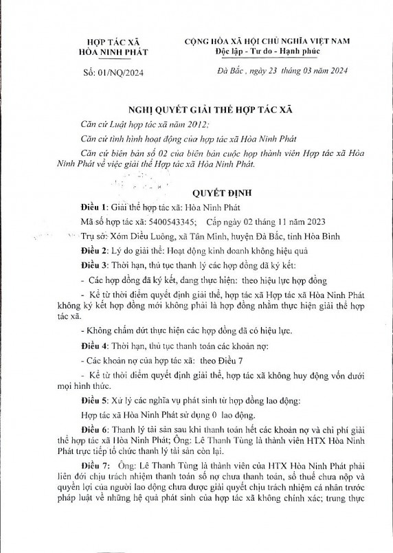 Thông báo về việc giải thể của hợp tác xã