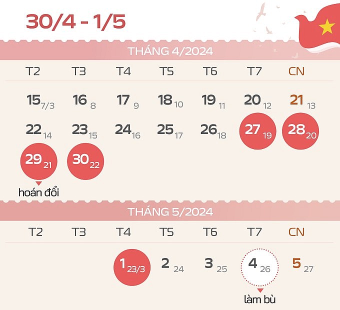 Lịch nghỉ lễ 30/4-1/5 và làm bù ngày 4/5. Đồ họa: Gia Linh Lịch nghỉ lễ 30/4-1/5 và làm bù ngày 4/5. Đồ họa: Gia Linh