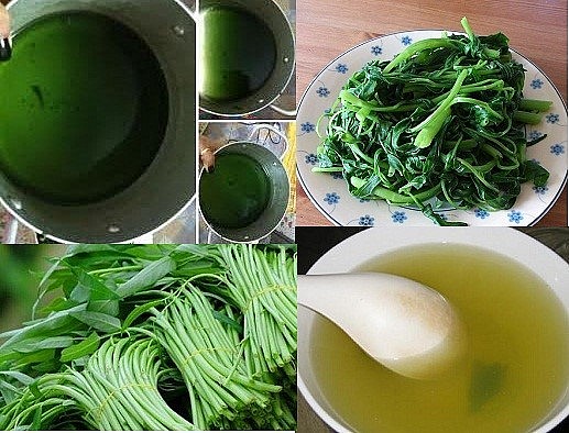 Nước luộc rau muống đổi màu khi cho thêm chất chua Nguồn: Vesinhantoanthucpham.vn