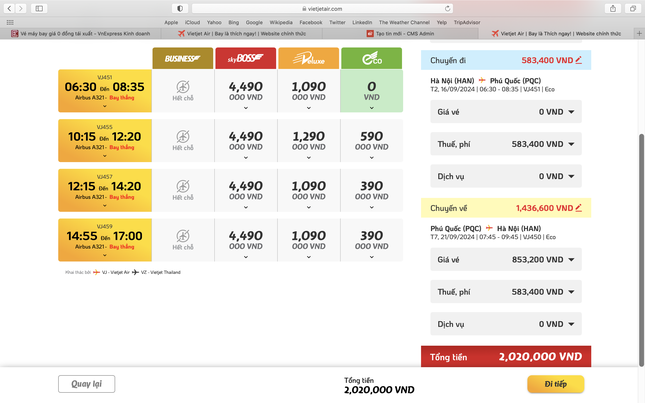 Vé máy bay 0 đồng giúp chặng khứ hồi Hà Nội - Phú Quốc trong tháng 9 chỉ có giá hơn 2 triệu đồng.