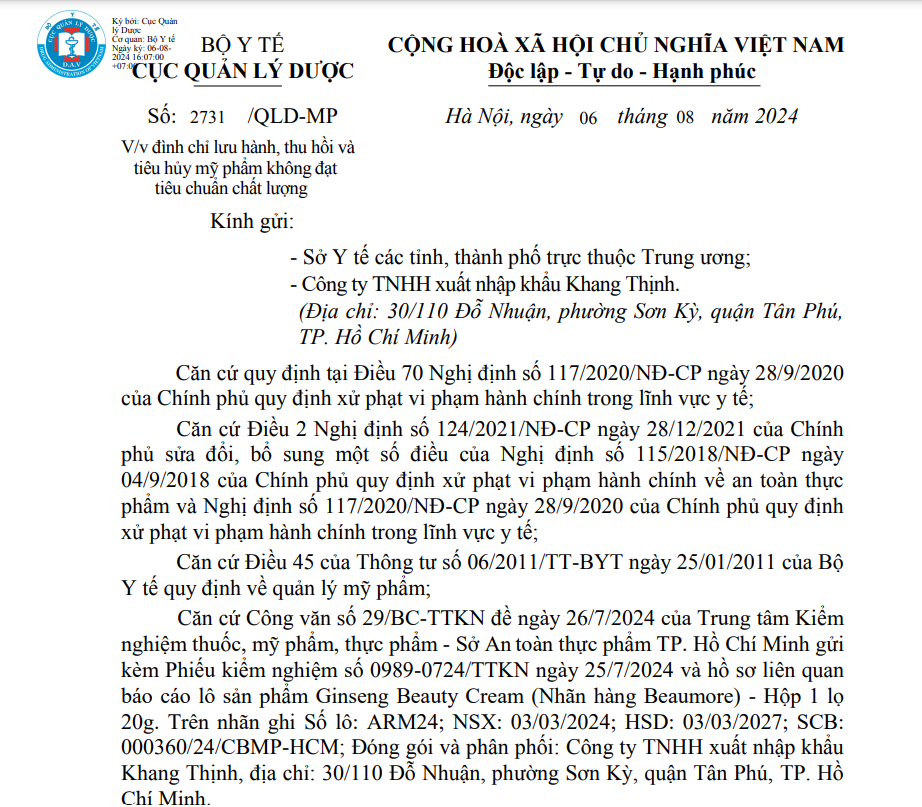 Đình chỉ lưu hành, thu hồi trên toàn quốc lô sản phẩm Ginseng Beauty Cream
