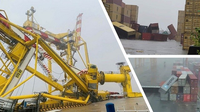 Hiện trường cần cẩu tại cảng Mipec, Hải Phòng đổ sụp do chịu tác động của bão số 3 - Hiện trường cần cẩu tại cảng Mipec, Hải Phòng đổ sụp do chịu tác động của bão số 3 -