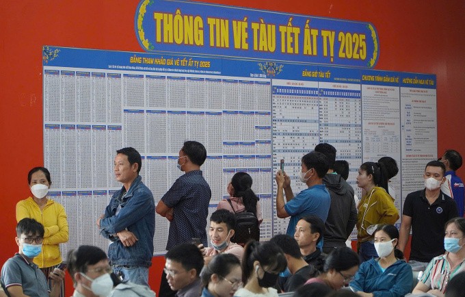 Khách tham khảo thông tin lịch trình chạy tàu tại ga Sài Gòn, sáng 6/10. Ảnh: Gia Minh Khách tham khảo thông tin lịch trình chạy tàu tại ga Sài Gòn, sáng 6/10. Ảnh: Gia Minh