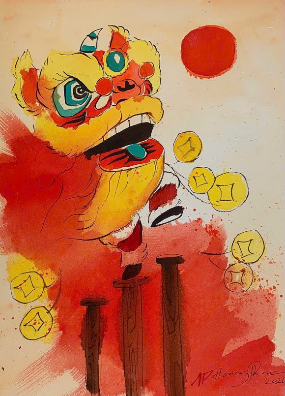 Sắc màu dân gian được tái hiện trong tranh của Hoàng Phong. Ảnh: Sun World Ba Den Mountain