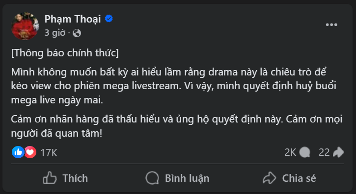 Phạm Thoại hủy mega live giữa lùm xùm từ thiện