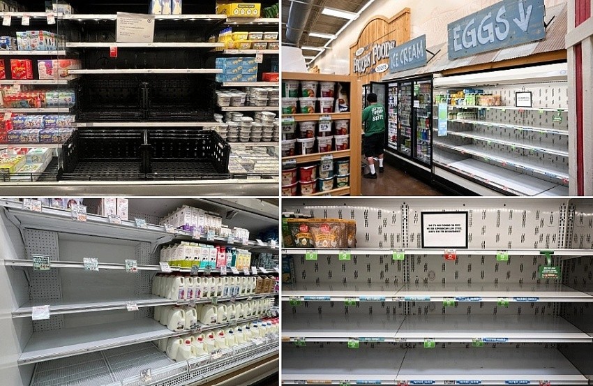 Những kệ hàng tại siêu thị Mỹ không còn một khay trứng gà.