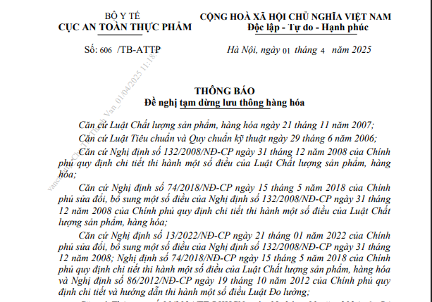 Thông báo số 606/TB-ATTP của Cục An toàn Thực phẩm về 