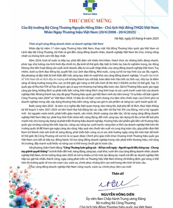 Bộ trưởng Bộ Công Thương gửi thư chúc mừng nhân Ngày Thương hiệu Việt Nam (20/4/2008 - 20/4/2025)