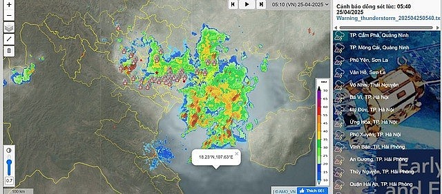 Hàng loạt điểm xuất hiện dông sét ở miền Bắc.