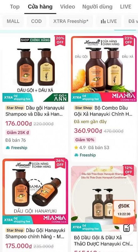 Hanayuki Shampoo được bán trên sàn thương mại điện tử