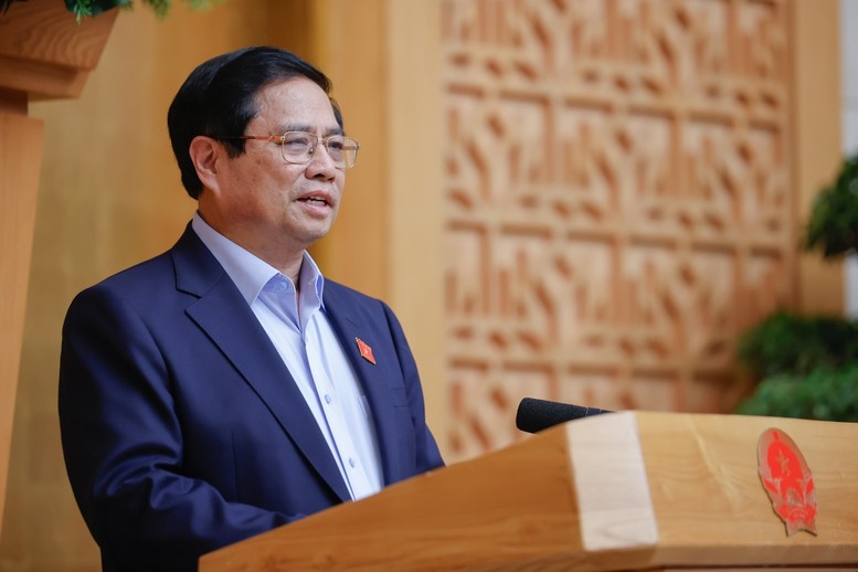 Thủ tướng Phạm Minh Chính phát biểu kết luận Phiên họp của Chính phủ về việc sắp xếp, tổ chức lại đơn vị hành chính các cấp và xây dựng mô hình tổ chức chính quyền địa phương 2 cấp - Ảnh: VGP