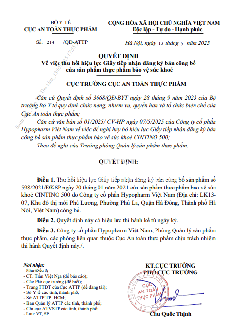 Cục An toàn thực phẩm thu hồi hiệu lực một số Giấy tiếp nhận đăng ký bản công bố sản phẩm và Giấy xác nhận nội dung quảng cáo