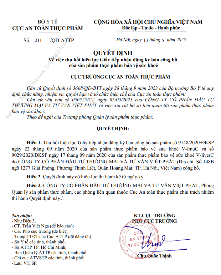 Cục An toàn thực phẩm thu hồi hiệu lực một số Giấy tiếp nhận đăng ký bản công bố sản phẩm và Giấy xác nhận nội dung quảng cáo