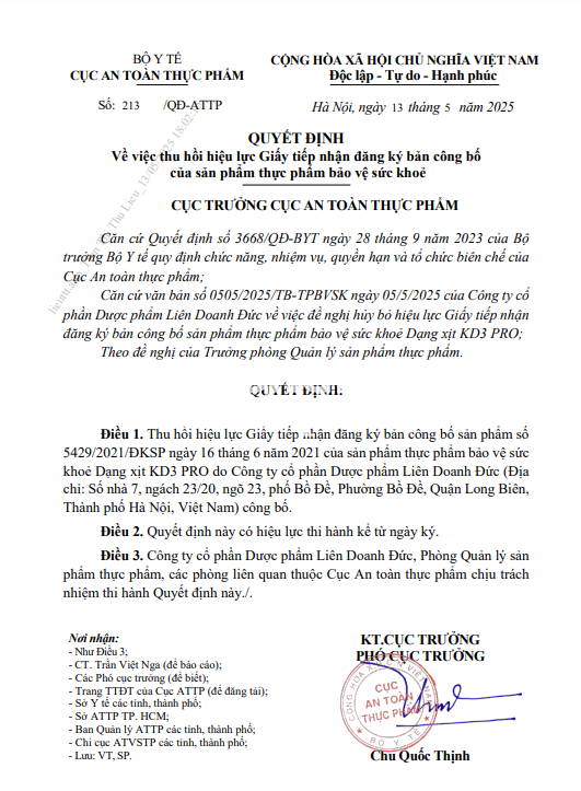Cục An toàn thực phẩm thu hồi hiệu lực một số Giấy tiếp nhận đăng ký bản công bố sản phẩm và Giấy xác nhận nội dung quảng cáo