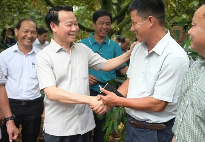 Bộ trưởng Bộ Nông nghiệp và Môi trường Đỗ Đức Duy mong muốn các hợp tác xã cùng tạo ra chuỗi liên kết để sản xuất sầu riêng bền vững. Ảnh: Phạm Hoài.