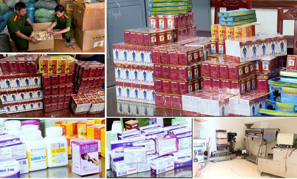 Cơ quan điều tra thu giữ một số loại thuốc tân dược giả và dụng cụ dùng để sản xuất thuốc giả (Ảnh: Công an Thanh Hóa)