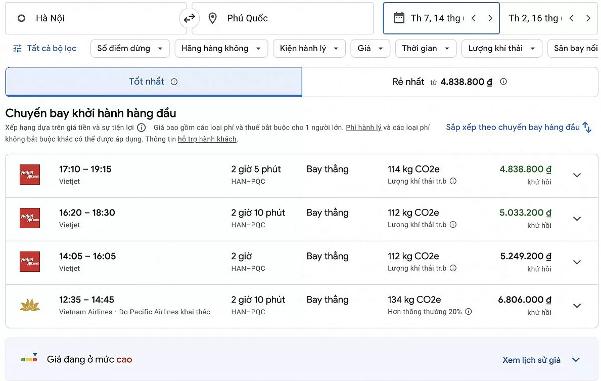 Giá vé máy bay chặng Hà Nội - Phú Quốc, cập nhật chiều ngày 5/6/2025. Ảnh chụp màn hình