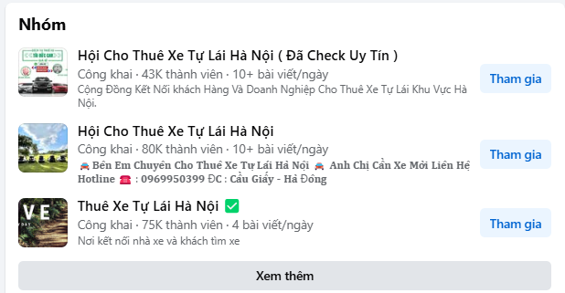 Trên mạng xã hội, các hội nhóm thuê xe tự lái thu hút nhiều người quan tâm. Ảnh chụp màn hình