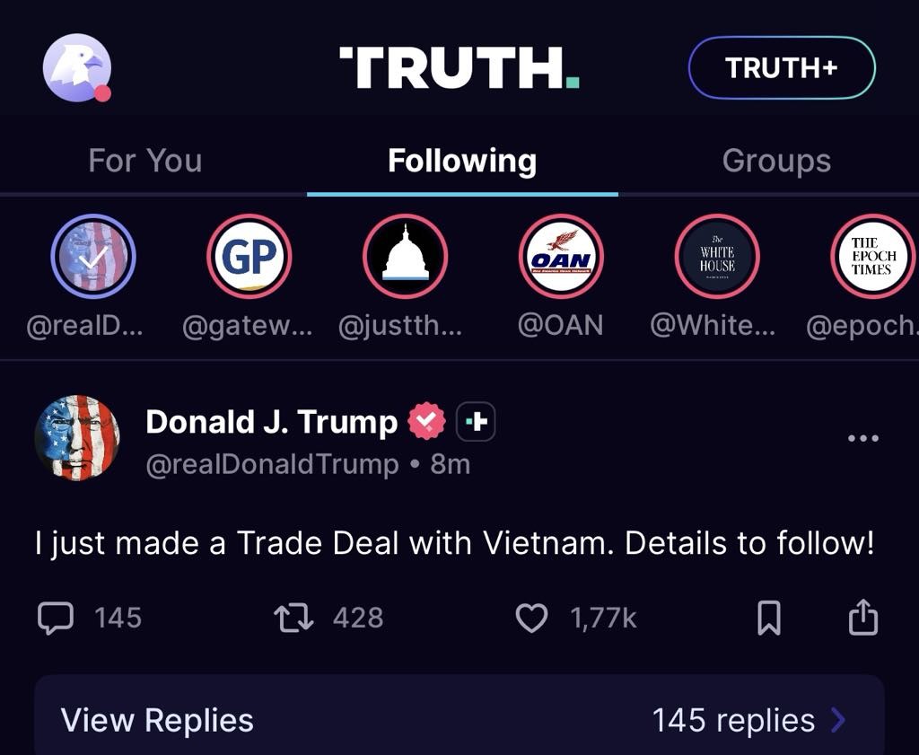 vào lúc 10h25 sáng 2/7 (giờ địa phương), Tổng thống Mỹ Donald Trump đã đăng trên mạng xã hội Truth Social rằng ông vừa có một thỏa thuận thương mại với Việt Nam.