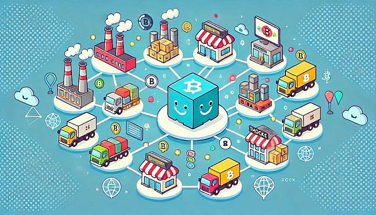 Mô hình minh họa hệ thống truy xuất minh bạch bằng công nghệ blockchain – kết nối toàn bộ chuỗi cung ứng từ sản xuất đến phân phối, giúp chuẩn hóa dữ liệu và nâng cao giá trị sản phẩm.