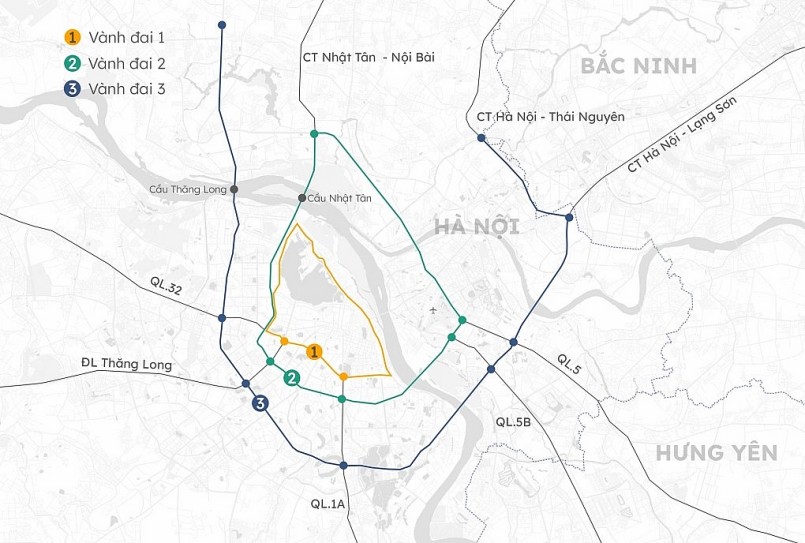 Các vành đai 1, 2, 3 tại Hà Nội. Đồ họa: Hoàng Khánh