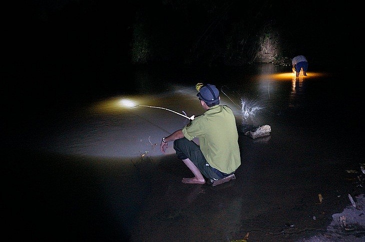 Thiết bị chiếu sáng tối ưu là đèn pin đội đầu.