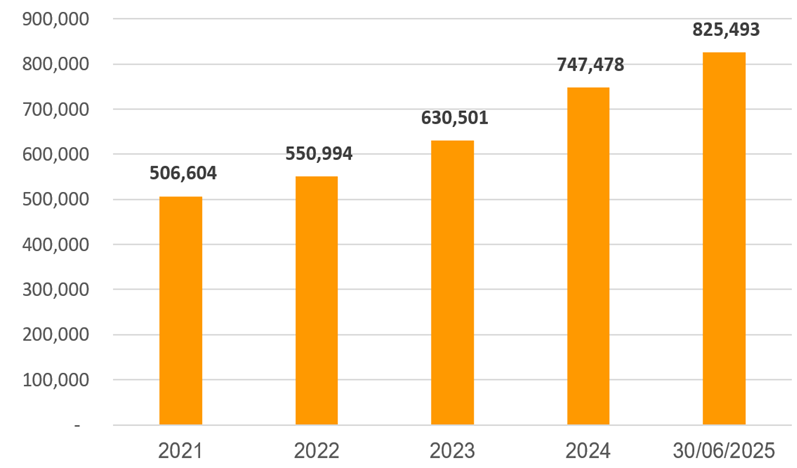 Tăng trưởng tổng tài sản của SHB qua các năm (đơn vị: tỷ đồng) Tăng trưởng tổng tài sản của SHB qua các năm (đơn vị: tỷ đồng)